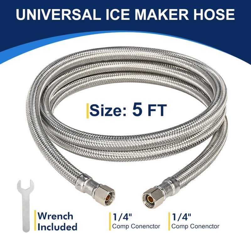 PLUMBINGMASTER 5ft Ice Maker Water Line Stainless Steel Braided – Flexible Refrigerator Water Supply Tube with 1/4" Quick Connect Fitting, Universal Fit - Image 2